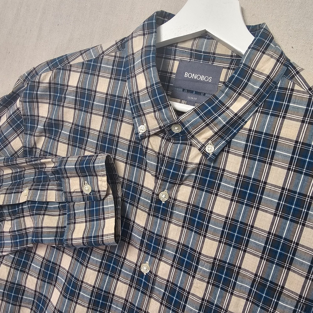Bonobos Men's Large‎ Blue Plaid Slim Fit Grid Check Button Down Shirt